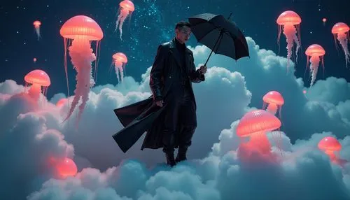 closeup portrait of a magical guy landing on cloud puffs in a dark starry night, he is wearing a dark shades gothic flowy dramatic outfit, holding a small black lace embroidery umbrella. he is handsom