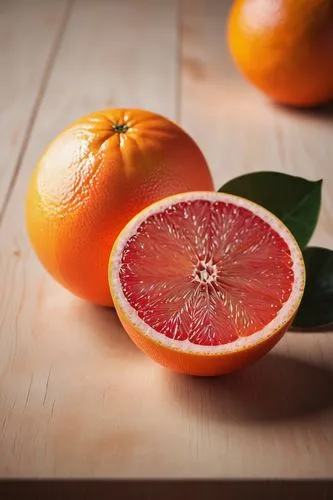 Grapefruit, still life, 3D modeling, realistic texture, smooth surface, vibrant orange color, subtle shine, studio lighting, shallow depth of field, blurred background, fruit arrangement, wooden table