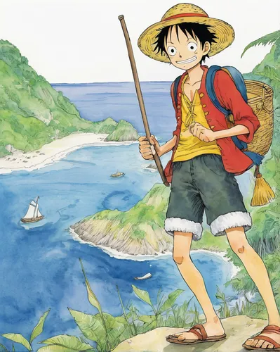 Design a mysterious picture of Luffy exploring a hidden island.,yamada's rice fields,straw hat,straw hats,adventurer,anime japanese clothing,version john the fisherman,ishigaki,hiker,studio ghibli,wan