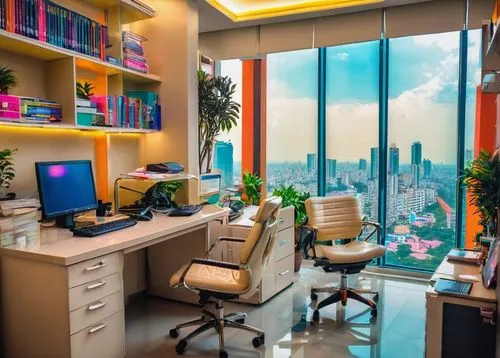 Modern office, Kolkata, India, interior designer, mid-30s, formal wear, glasses, neat hair, professional makeup, sitting at desk, working on laptop, architectural models, blueprints, pens, papers, erg