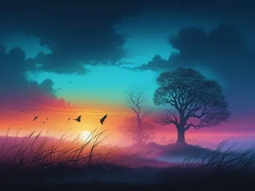 fantasy landscape,landscape background,windows wallpaper,nature background,dusk background,colorful background,colorful birds,bird kingdom,nature landscape,isolated tree,fantasy picture,dreamscape,lone tree,purple landscape,foggy landscape,dreamscapes,landscape nature,evening atmosphere,background colorful,landscapes,Illustration,Realistic Fantasy,Realistic Fantasy 25