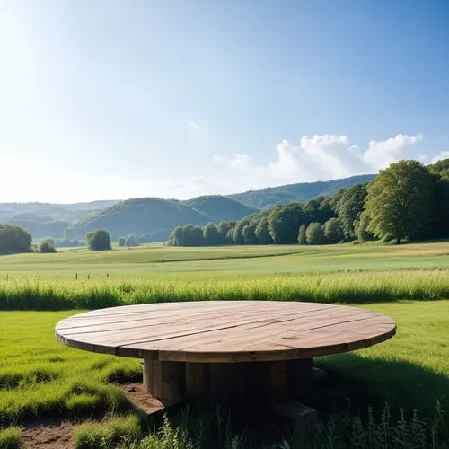 a wooden table in the middle of a field,wooden table,outdoor table and chairs,chair in field,picnic table,vulkaneifel,aaaa