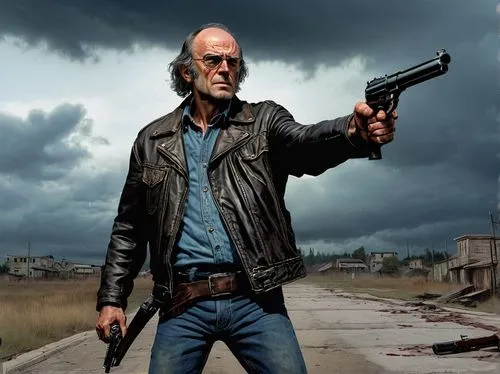 Bernie Wrightson, The Walking Dead, male, 50s, balding hair, rugged face, scar above left eyebrow, worn leather jacket, ripped denim jeans, holstered pistol, crossbow, bloody hands, apocalyptic backgr