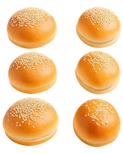 Golden hamburger buns, toasted, sesame seeds, soft texture, rounded shape, slightly torn, morning light, shallow depth of field, warm color tone, close-up shot, 1/2 composition, PNG with transparent b