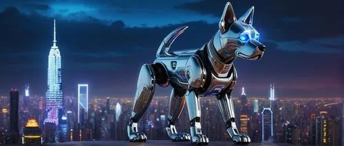 Futuristic robotic dog, shiny metallic body, glowing blue eyes, silver ears, sharp teeth, standing on hind legs, front paws up, futuristic cityscape background, neon lights reflecting off the dog's bo