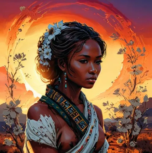 a woman with an ancient headdress is looking at the camera,maliana,african woman,binti,azanian,danai,oshun,Illustration,Realistic Fantasy,Realistic Fantasy 25