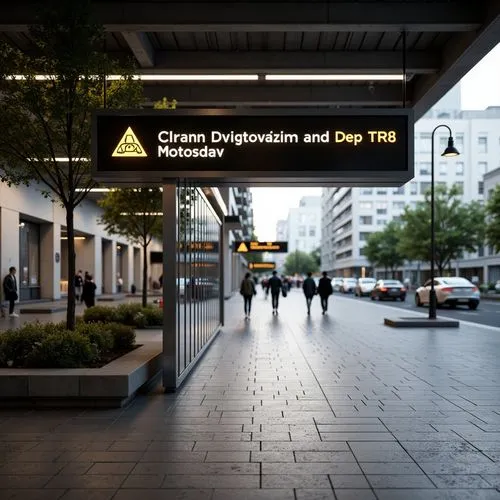 Clean metro station signage, minimalistic design, bold typography, neutral color palette, sleek metal frames, backlit LED displays, geometric shapes, modern urban aesthetic, concrete floors, industria