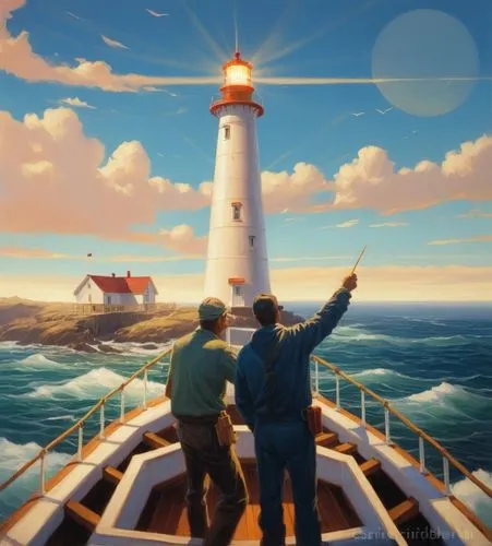 Two fishermen on the fishing ship's deck, one of them point at the lighthouse in the distance, the lighthouse is shinning,the two men are standing on the boat looking at the lighthouse,seafarers,light