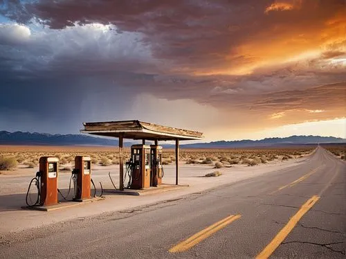 route 66,electric gas station,gas station,e-gas station,truck stop,filling station,petrol pump,bus stop,gas pump,bus shelters,busstop,taxi stand,gas pumps,mojave desert,tollbooth,truckstop,pahrump,tollbooths,roadside,inyokern,Illustration,Realistic Fantasy,Realistic Fantasy 14