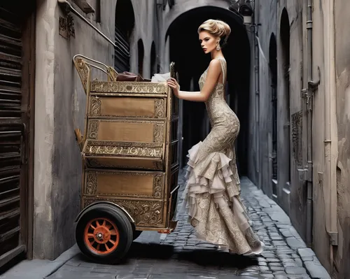 barrel organ,bandoneon,dolly cart,harpist,street organ,courier box,suitcase,vintage fashion,luggage cart,organist,delivering,accordion player,rickshaw,bellboy,vintage woman,musical box,old suitcase,valse music,clavichord,steinway,Photography,Fashion Photography,Fashion Photography 03