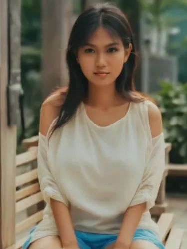 asian woman sitting on wooden bench outside posing for pograph,the woman in the short shorts is sitting on a bench,sanchai,rajawongse,anjali,pilipina,filipina,sharlene