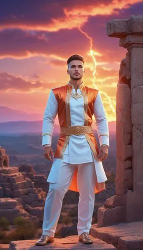 portrait shot man vivid quirky high fashion lightning portrait illusory landscape firey sunset range of colors standing on the edge of ancient ruins at earthrise starry skies before heaven astral phot