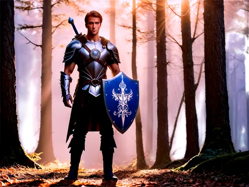 Fantasy game scene, medieval warrior, male, muscular, brown hair, blue eyes, facial scar, leather armor, silver sword, shield with emblem, standing hero pose, misty forest background, warm sunlight fi