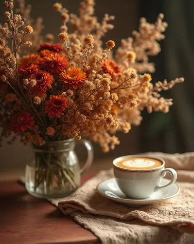 floral with cappuccino,autumn still life,coffee background,autumn decor,café au lait,autumn decoration,Photography,General,Realistic