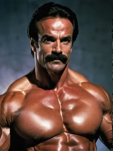 Mike Mentzer poses, muscular man, bodybuilder, 30s, intense gaze, shaved head, goatee beard, mustache, serious facial expression, flexed muscles, strong chest, defined abs, powerful legs, posing trunk