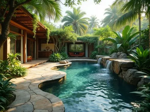 Natural oasis, lush greenery, tropical plants, sparkling water features, infinity edge pools, waterfall cascades, rustic stone decks, weathered wood accents, eco-friendly materials, solar-powered pump