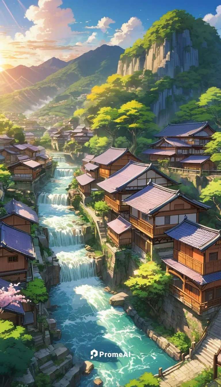 The sun casts a warm orange glow on the wooden houses and glistening trees above the picturesque village. In the distance, the sound of Aquina River can be heard, its water cascading down the mountain