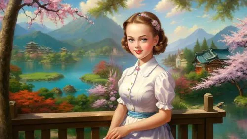 Romantic masterpiece oil painting, cute girl portrait, nostalgic 1950's style kitsch, beautiful exotic rural vast Japanese landscape, cherry blossom scenery, Shinto Japanese sakura, flower petals, by 