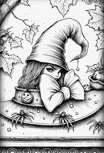 : Design Sketch-Rough Outline ,an ink drawing of a witch is shown in the frame,woodring,tenniel,bookplate,halloween poster,halloween illustration,diterlizzi,Design Sketch,Design Sketch,Detailed Outlin