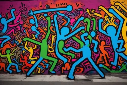 keith haring,graffiti art,graffiti,graffiti splatter,urban art,grafitti,streetart,urban street art,grafitty,mural,color wall,wall paint,music notes,street art,brooklyn street art,dance with canvases,neon body painting,grafiti,street artists,public art,Illustration,Realistic Fantasy,Realistic Fantasy 07