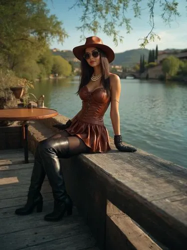 a woman wearing boots and a dress poses on a dock by water,cowgirl,cowgirls,girl on the river,countrygirl,leather hat,eretria