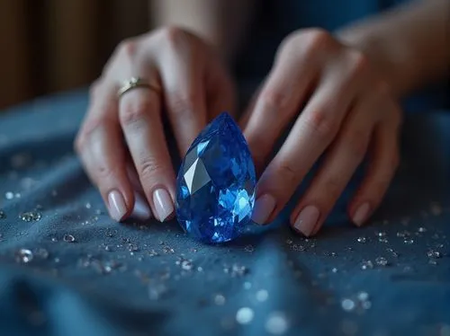 Sapphire blue, crystal clear, gemstone, sparkling facets, smooth surface, luxurious jewelry, elegant lady, slender fingers, manicured nails, royal court, grandeur palace, velvet drapes, ornate frames,