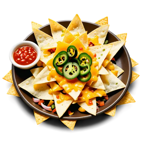 Golden nachos, triangular shape, crispy texture, melted cheese, red salsa, green jalapeño peppers, sprinkled paprika, solo, overhead shot, 3/4 composition, shallow depth of field, warm color tone, cin