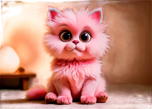 Didlo, cute, digital pet, solo, round face, big eyes, pink nose, fluffy fur, sitting, paw pads visible, soft lighting, warm color tone, shallow depth of field, 3/4 composition.,pink cat,murgatroyd,fur