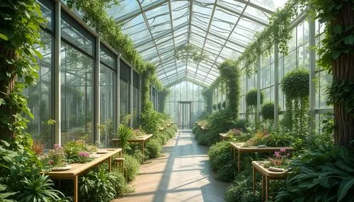 Sustainable greenhouse, regionalism, futuristic architecture, large glass panels, steel frames, lush greenery, vines crawling up walls, self-sustaining ecosystem, recycling system, solar panels, wind 