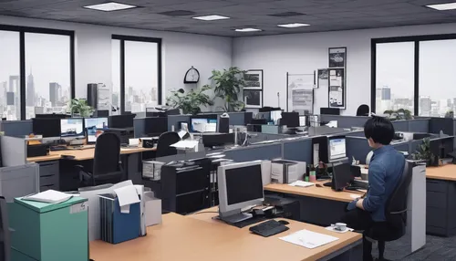 Compose a comedic script featuring Q Hayashida as a clumsy but lovable character in a busy office.,blur office background,office automation,modern office,working space,cubical,offices,office worker,op