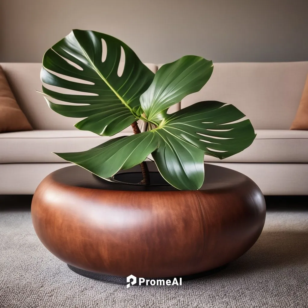 close-up photo of a monstera, potted on a hole on a round coffee table covered in dark leather, high quality,wooden flower pot,ficus,wooden bowl,houseplant,money plant,plant pot,areca nut,terracotta f