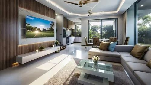 render interior de vivienda residencial minimalista, color blanco, con luces leds, brillantes y relucientes, ,modern living room with large screen television and white sofa,modern living room,luxury h