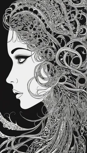 Amidst the chaos, she was stunned to see nobody cares about the truth anymore.,art deco woman,art nouveau design,fashion illustration,woman silhouette,filigree,mermaid vectors,art nouveau,women silhou