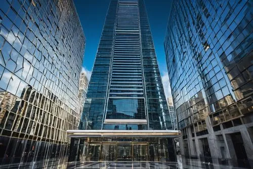 Modern skyscraper, futuristic design, sleek metallic exterior, reflective glass windows, intricate structural details, urban cityscape, busy streets, crowded sidewalks, towering above surrounding buil