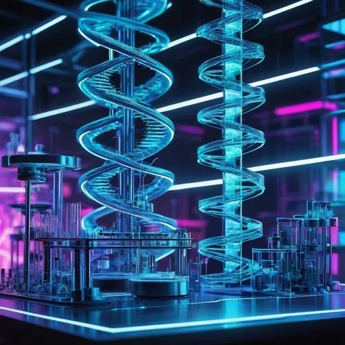 Futuristic DNA double helix structure, neon-lit laboratory background, sleek metallic tables, advanced microscopes, Petri dishes, test tubes, sci-fi machinery, intricate piping systems, holographic di