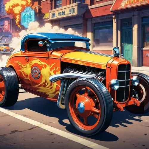 A hot rod vehicle from the 1930s in an American and police context for a foundation to protect from monsters.,a drawing of cars racing on a city street,hotrod car,hotrod,garrison,autotron,street rod,h