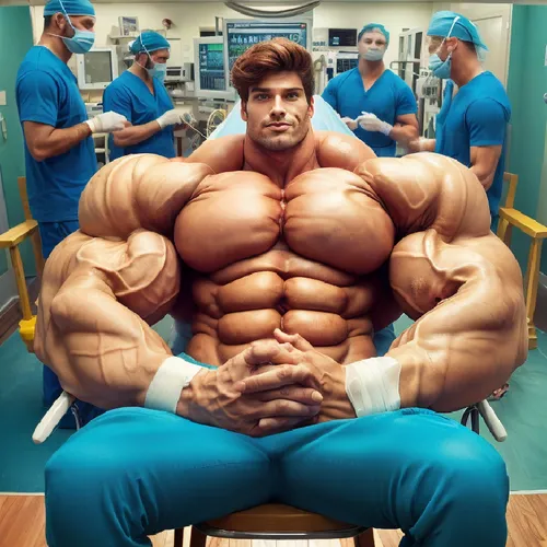 A man with muscles sitting in a surgery room, ready for op...,bodybuilding,body building,bodybuilders,musclebound,trenbolone,bodybuilder