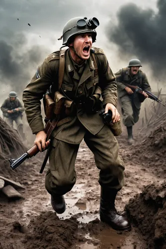 soldier, shouting, military uniform, radio headset, broken, holding push-to-talk button, frustrated expression, World War II, battlefield, trenches, muddy, overcast sky, dynamic action, realistic text