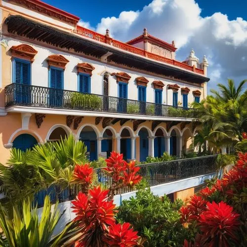 Colorful Puerto Rican architecture, La Fortaleza, San Juan, vibrant colors, ornate details, Spanish colonial style, red-tiled roofs, white stucco walls, wooden shutters, intricate ironwork, balconies 