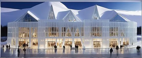 Facade: The entire facade of the shopping mall should primarily use glass bricks. These glass bricks should be semi-transparent, with a frosty, icy texture to mimic the look of ice blocks. Combine gla