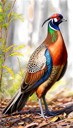 Pheasant bird, vibrant plumage, iridescent feathers, golden brown wings, green head, red wattle, black eyes, curved beak, standing posture, right leg bent, left leg straight, natural habitat, forest f