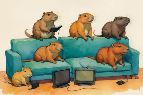 animorphs,rodentia icons,capybaras,watch tv,tv,cat watching television,Illustration,Paper based,Paper Based 17