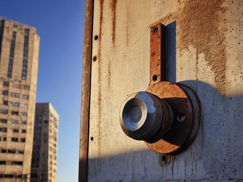 Architectural bolt, metallic material, industrial texture, detailed nut and washer, rusty patina, worn-out surface, urban setting, cityscape background, concrete wall, steel beam, construction site, m