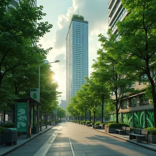 Urban scenery, light green accents, modern skyscraper, glass facade, lush green rooftop garden, vibrant green streetlights, pedestrian walkway, leafy trees lining the sidewalk, bike lanes, contemporar