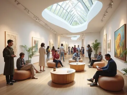 Modern art gallery, interior design, wooden floor, white walls, glass ceiling, natural light, community engagement area, circular seating, wooden tables, comfortable cushions, artistic decorations, pl