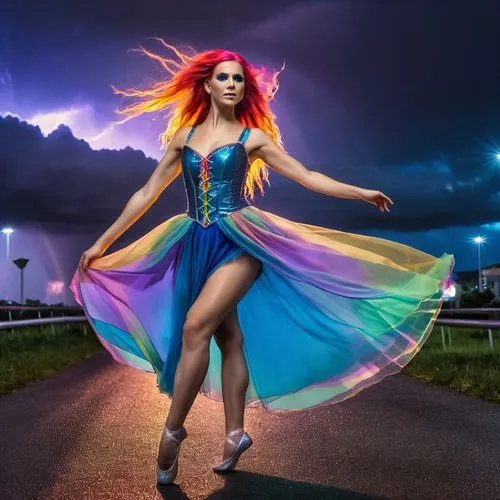 Girl with long rainbow hair ballerina thron Electra power Storm rainbow skil dress pretty face girl Windy rainbow hair blend into stormy night with rainbow ballerina pose fairy light fancy fantasy Cyb