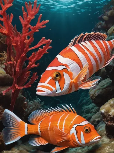 coral reef fish,ornamental fish,marine fish,amphiprion,sea animals,garibaldi (fish),porcupine fishes,school of fish,nemo,blue stripe fish,aquarium fish,underwater fish,tobaccofish,discus fish,wrasses,beautiful fish,forest fish,marine diversity,coral fish,two fish,Art,Classical Oil Painting,Classical Oil Painting 02