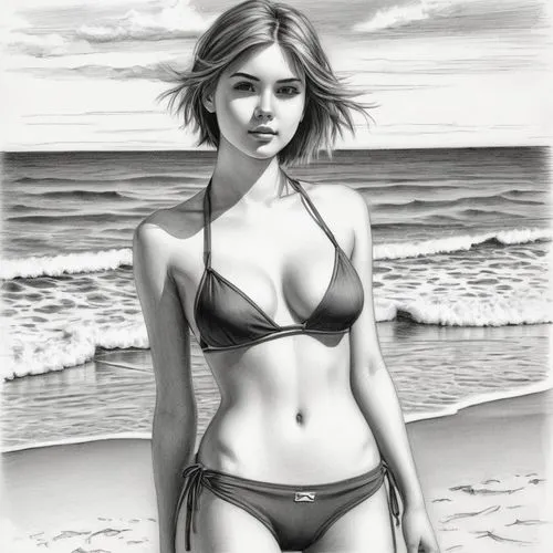 beachgoer,summer line art,beach background,beach scenery,beachwear,mono-line line art,dessin,beachcomber,girl drawing,pencil drawings,charcoal drawing,charcoal pencil,beach shell,beach toy,pencil drawing,the beach pearl,girl on the dune,comic halftone woman,airbrushing,female model,Illustration,Black and White,Black and White 30