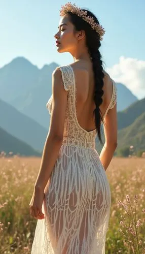 girl in white dress,girl in a long dress from the back,guelaguetza,girl in a long dress,meadow,wedding dress