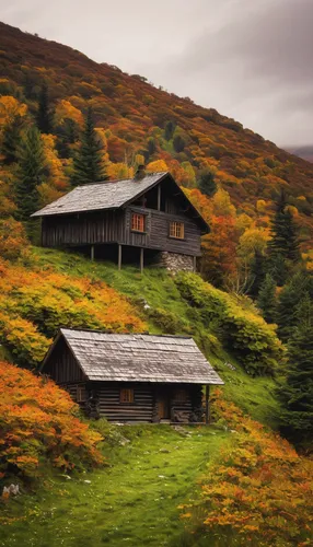 mountain hut,house in mountains,scottish highlands,the cabin in the mountains,mountain huts,house in the mountains,trossachs national park - dunblane,autumn idyll,highlands,scotland,grass roof,north of scotland,home landscape,log cabin,old barn,log home,vermont,fall landscape,alpine pastures,autumn landscape,Art,Classical Oil Painting,Classical Oil Painting 23